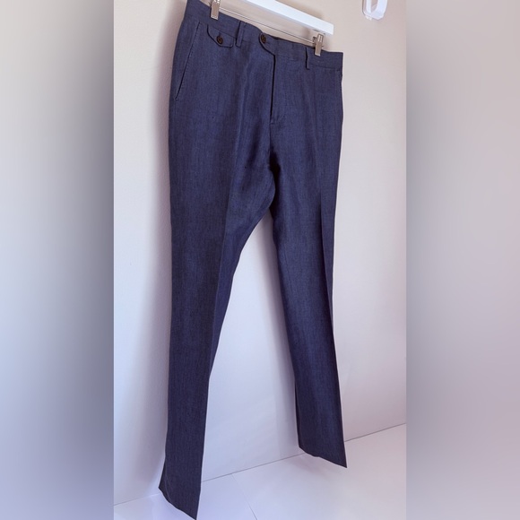 NWOT BANANA REPUBLIC MENS TAILORED SLIM FIT 💯LINEN PANTS CROSS BLUE HERRINGBONE - Picture 3 of 10